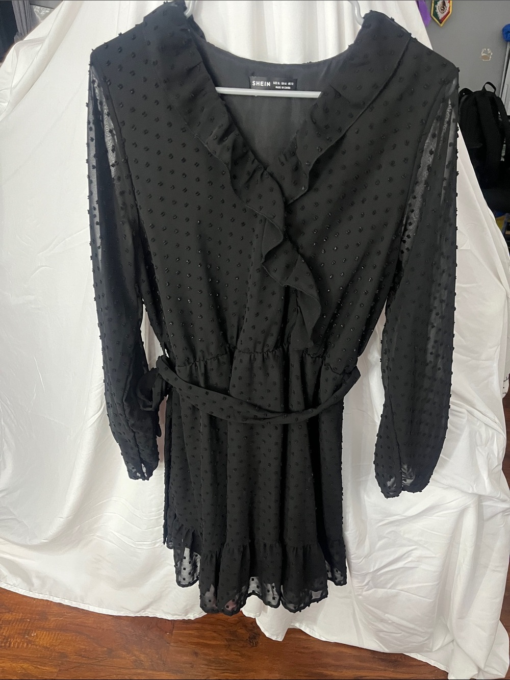 SHEIN Black Swiss Dot Ruffle Long Sleeve Dress